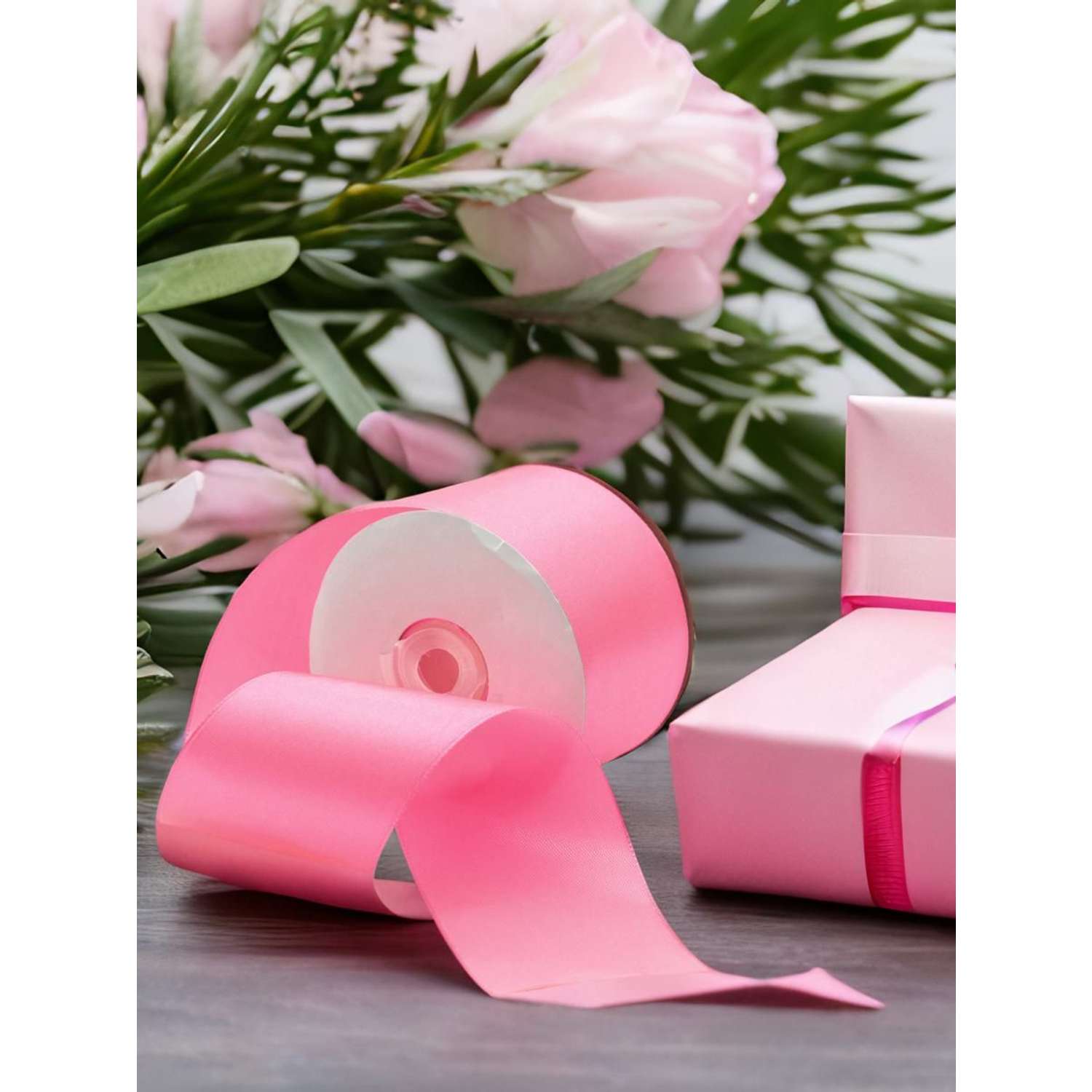 Лента Айрис атласная упаковочная флористическая 5 см 22.86 м 012 яркий розовый - фото 4