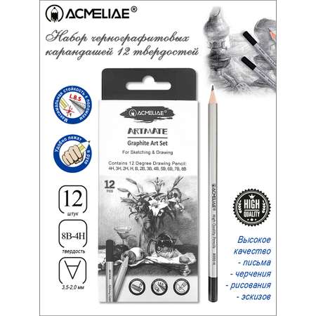 Карандаши чернографитные ACMELIAE ArtMate 12 твердостей 4H. 3H. 2H. H. B. 2B. 3B. 4B. 5B. 6B. 7B. 8B в картоне