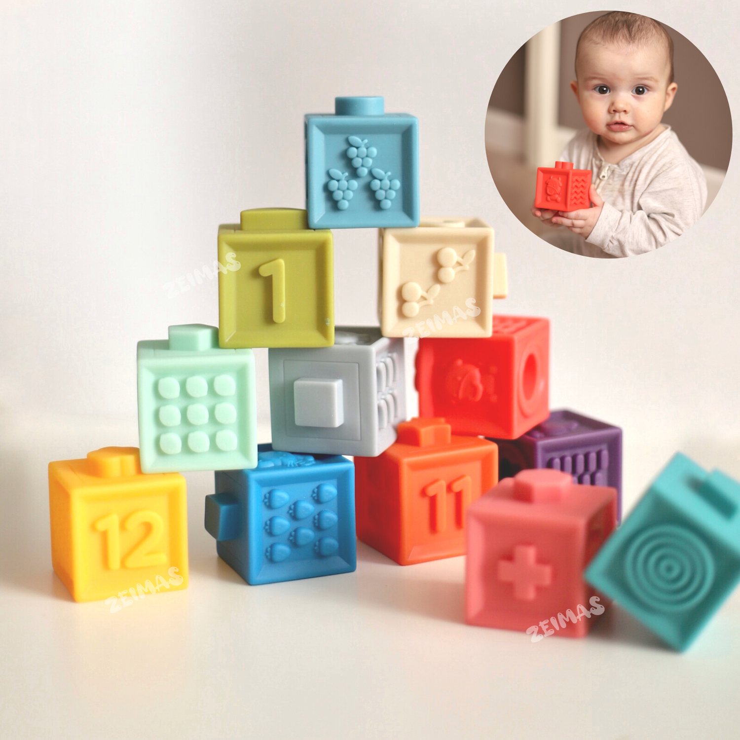 Кубики развивающие с пазами Zeimas Basic набор 12 шт мягкие тактильные игрушки пирамидка детская - фото 13