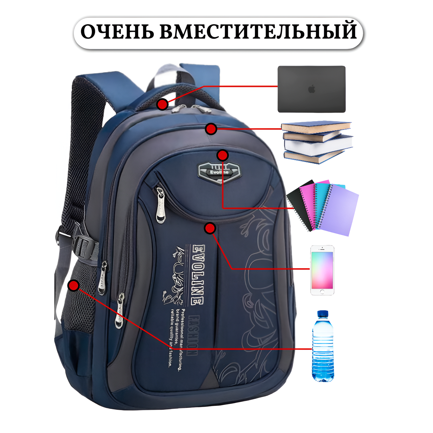 Рюкзак школьный Evoline большой темно-синий с потайным карманом  .