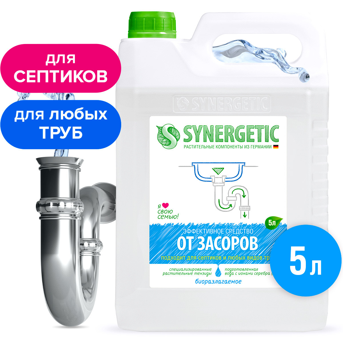 Средство от засоров SYNERGETIC с дезинфицирующим эффектом без запаха 5 л  купить по цене 629 ₽ в интернет-магазине Детский мир