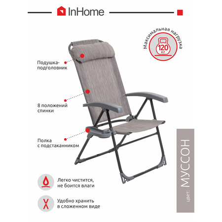 Кресло-шезлонг InHome складное с подлокотниками для отдыха