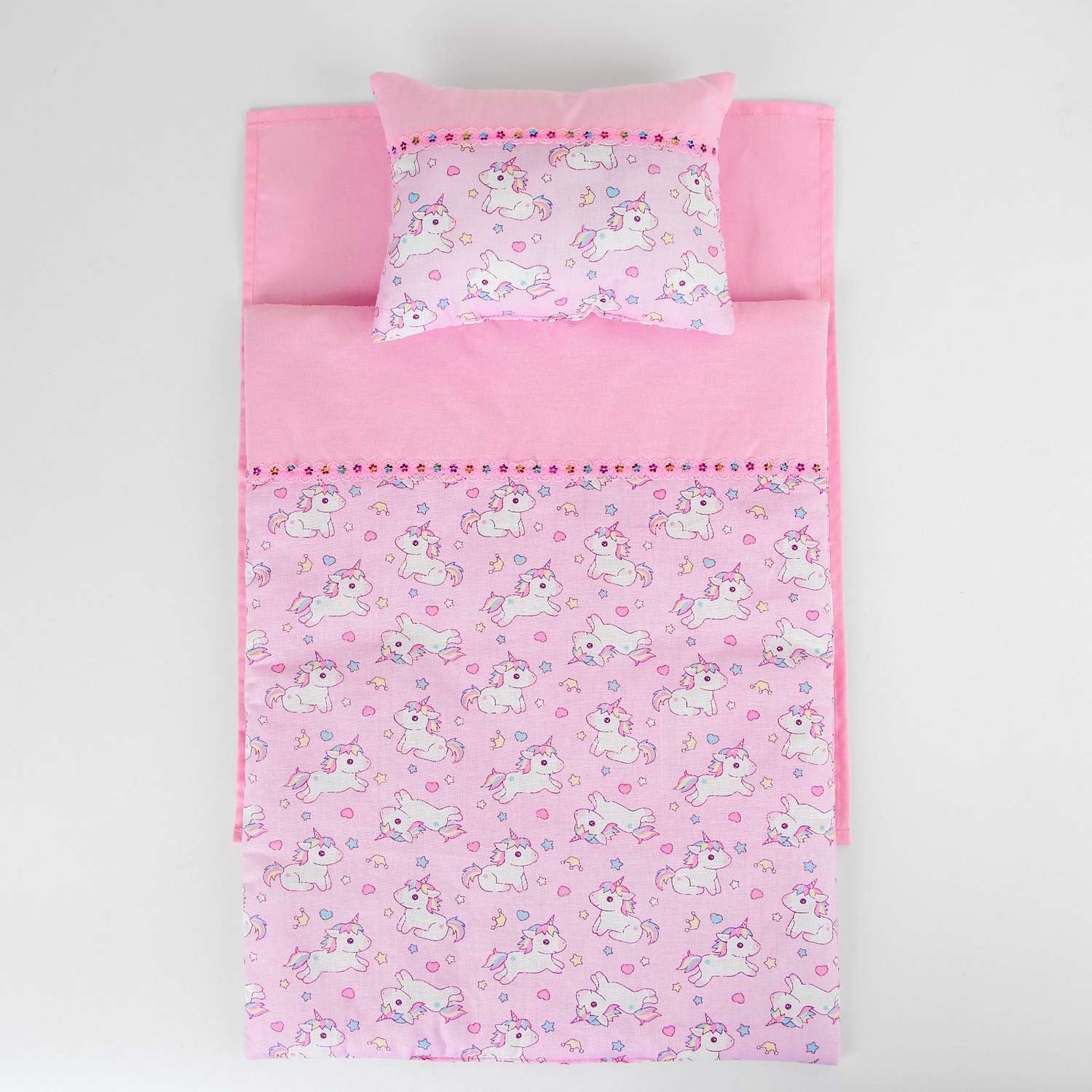 Постельное бельё для кукол Страна карнавалия «Единорожки на розовом» простынь одеяло подушка 5139449 - фото 3