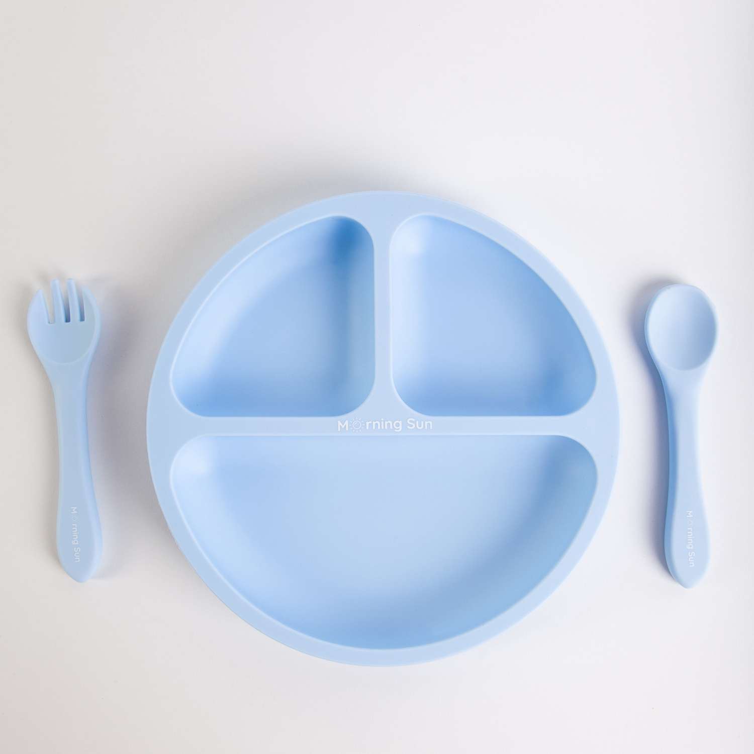 Набор детской посуды Morning Sun силиконовый секционная тарелка ложка вилка голубой - фото 1