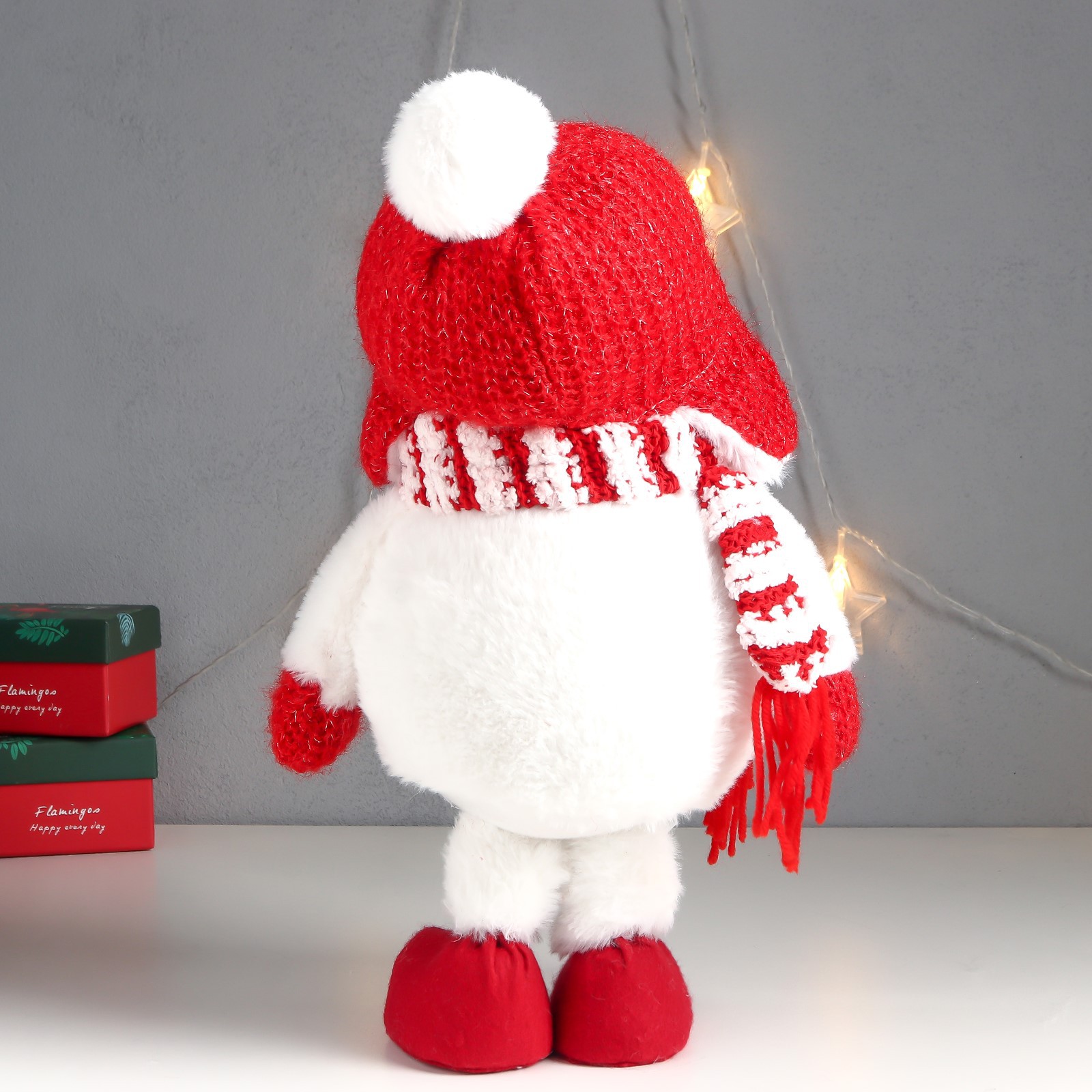 Кукла интерьерная Зимнее волшебство «Снеговик в красной шапке-ушанке с бомбошкой» 40х17х16 см - фото 4