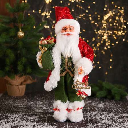 Дед мороз Зимнее волшебство «В блестящем костюмчике с мешком и колокольчиками» 44 см красно-зелёный