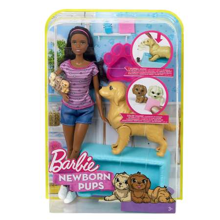 Набор игровой Barbie Брюнетка и собака с новорожденными щенками FDD44