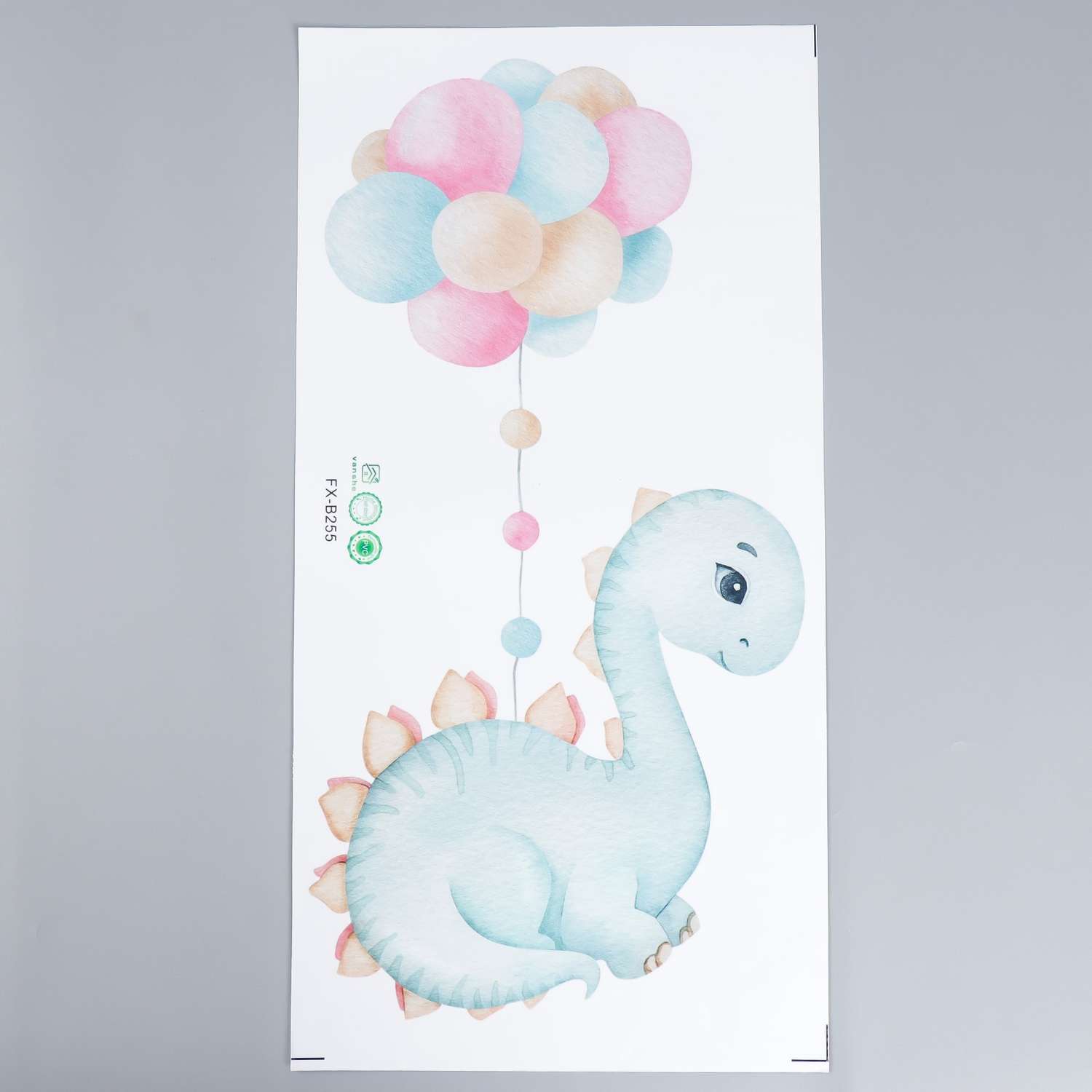 Наклейка Zabiaka пластик интерьерная цветная «Динозаврик голубой с воздушными шарами» 30х60 см - фото 2