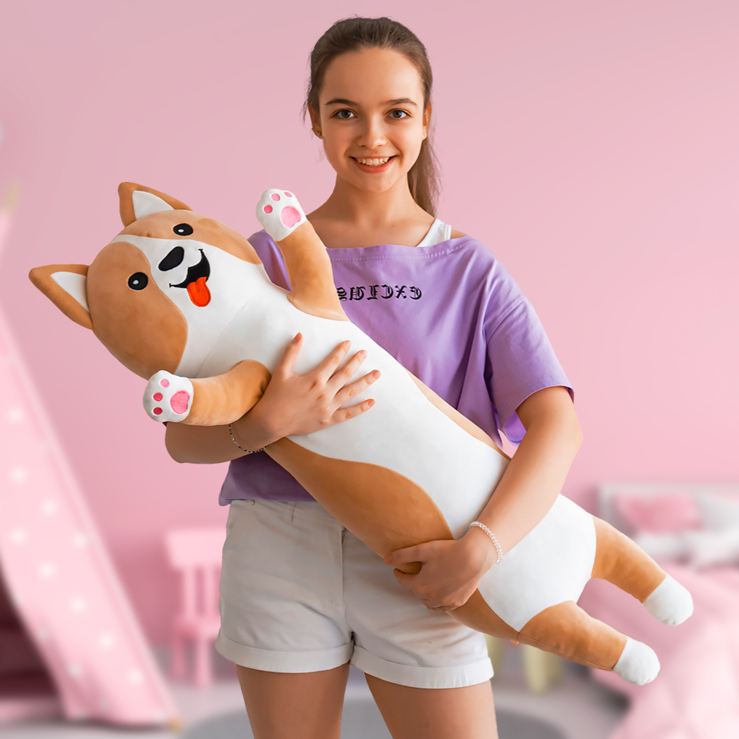 Мягкая игрушка подушка TOTTY TOYS собака корги батон 90 см антистресс развивающая обнимашка - фото 2