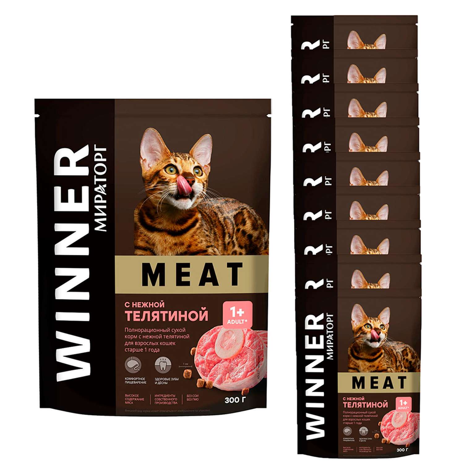 Корм сухой полнорационный Мираторг Winner Meat с нежной телятиной для взрослых кошек старше года 10 шт по 300 г - фото 1