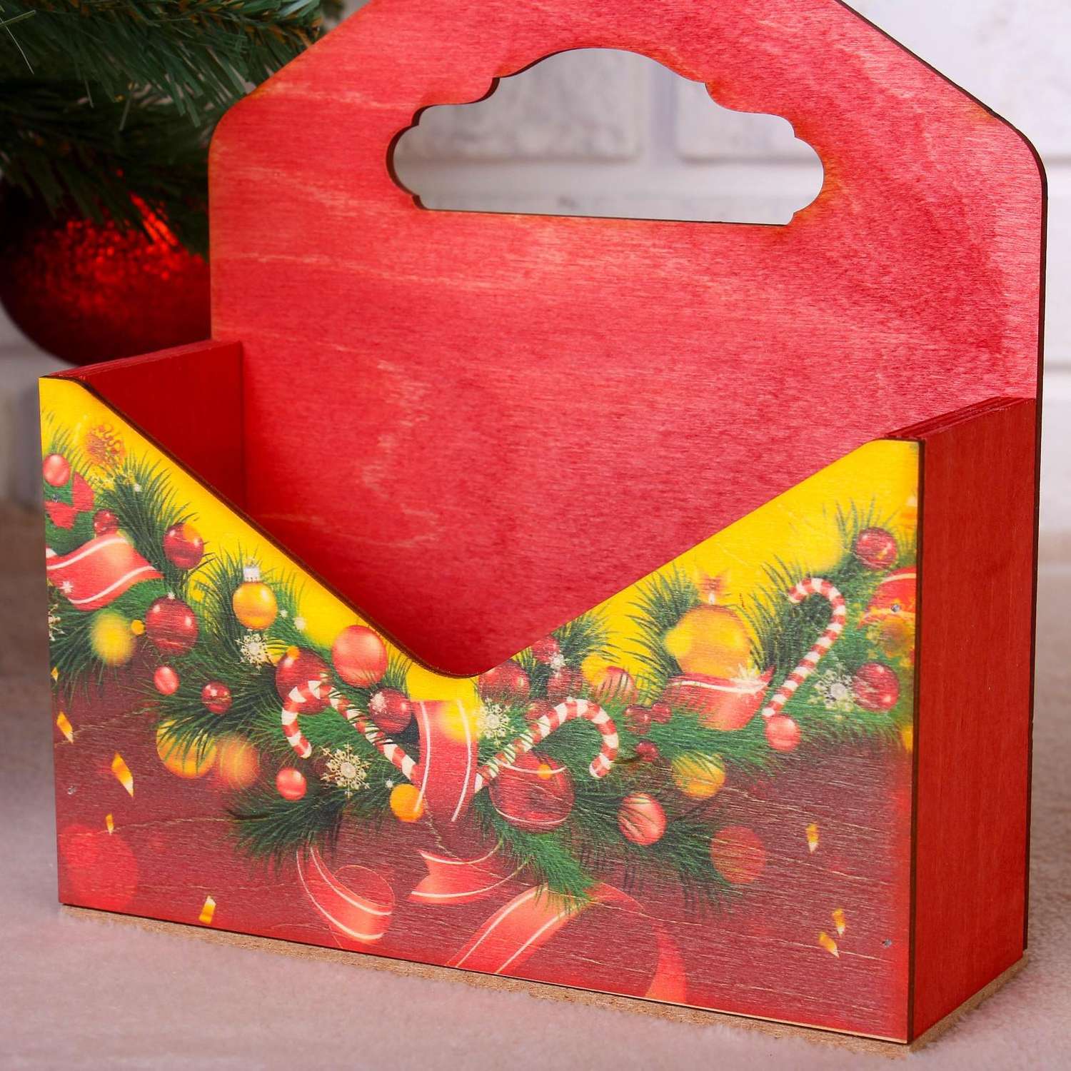 Кашпо Sima-Land деревянное «Конверт Новогодний №4» деревянная ручка красное 20.5×18×6 см - фото 3