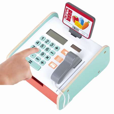 Игрушка детская деревянная HAPE Касса с бумажными деньгами монетами пластиковой картой и сканером товаров E3200_HP