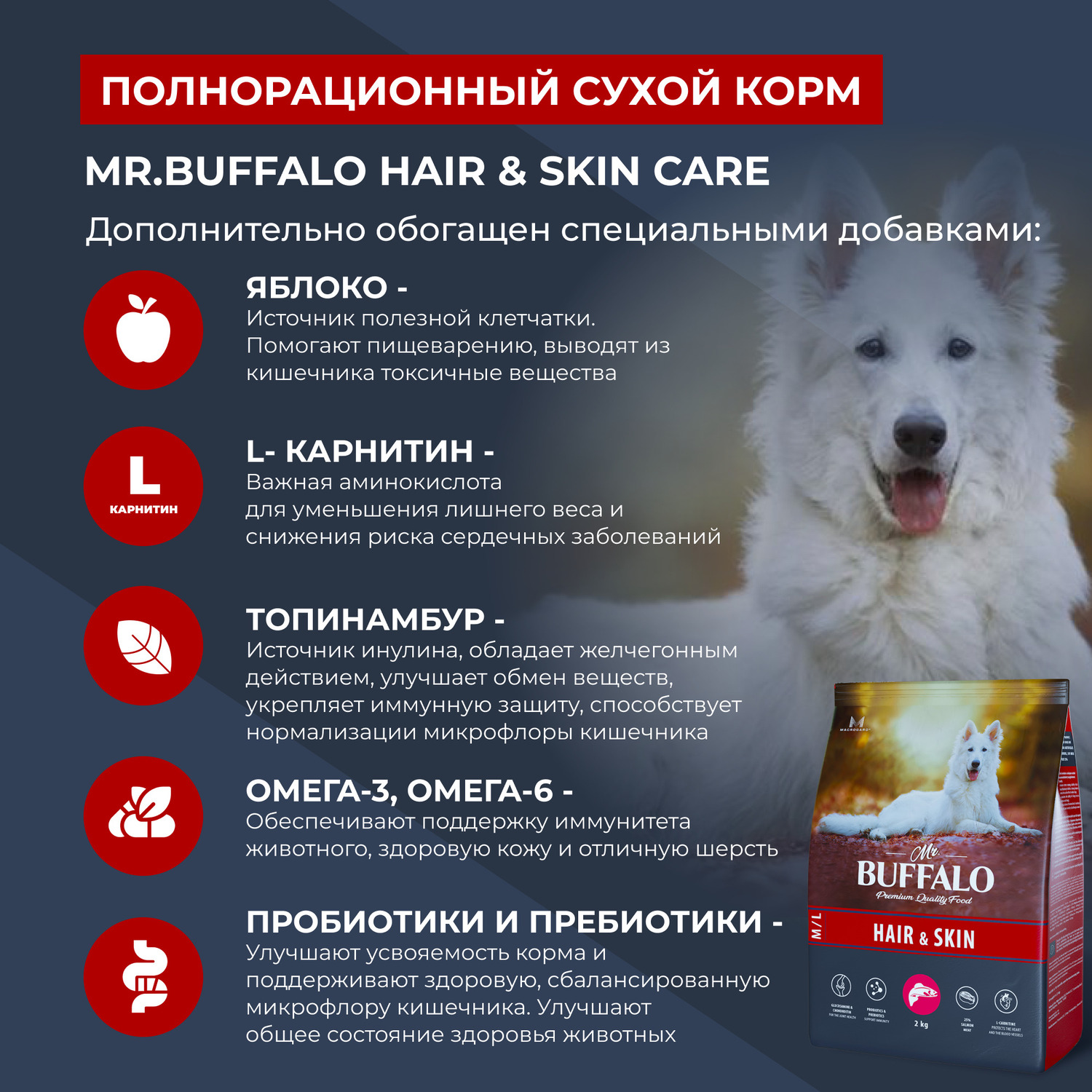 Сухой корм для собак Mr.Buffalo 2 кг (при аллергии и заболеваниях кожи, полнорационный) - фото 4