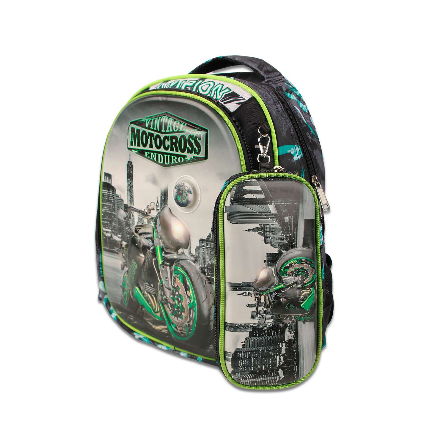 Рюкзак школьный с пеналом Little Mania Мотоциклы зеленый - фото 2