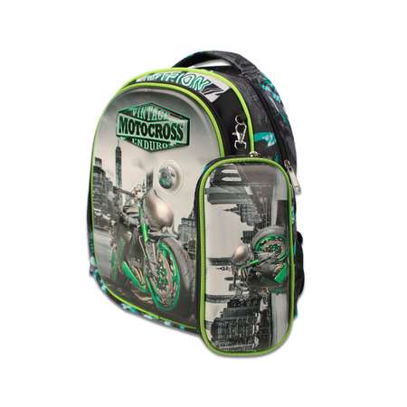 Рюкзак школьный с пеналом Little Mania Мотоциклы зеленый