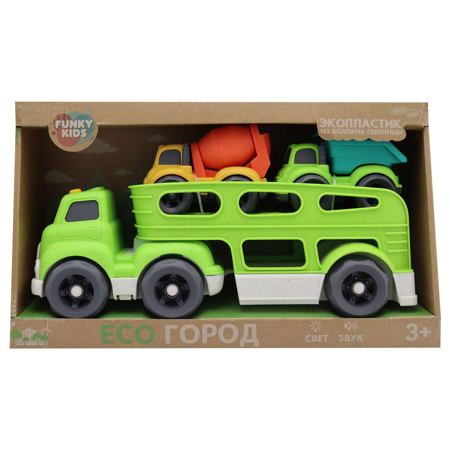 Игрушка Funky Toys Эко-грузовик с функциями свет/звук с 2 машинками Зеленый 30 см FT0416301 - фото 2