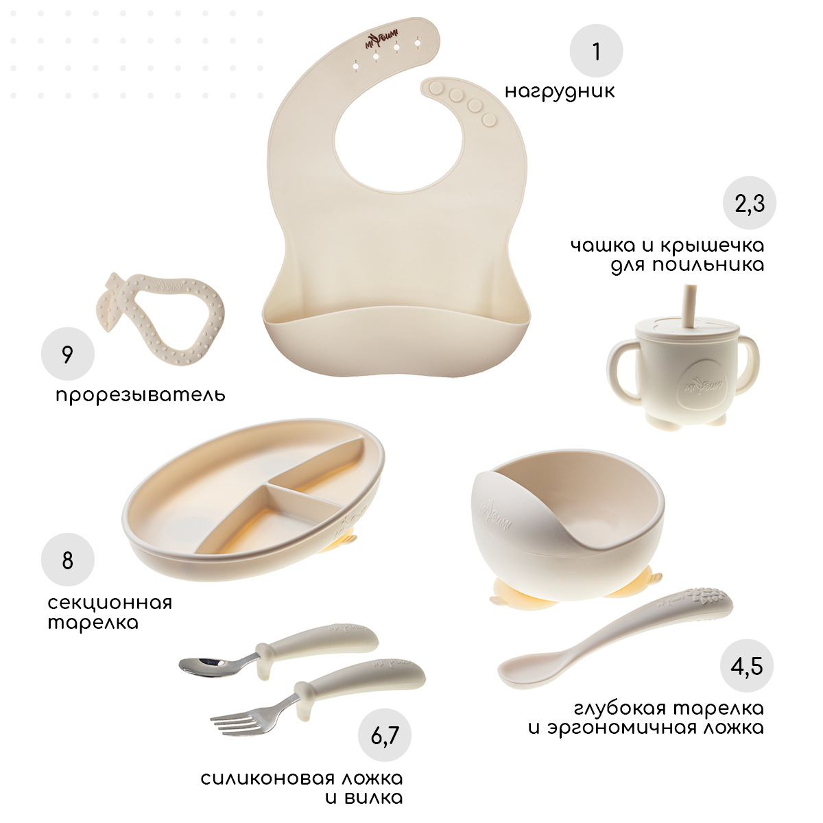Набор для кормления Miyoumi силиконовый 9 предметов-Ivory - фото 1
