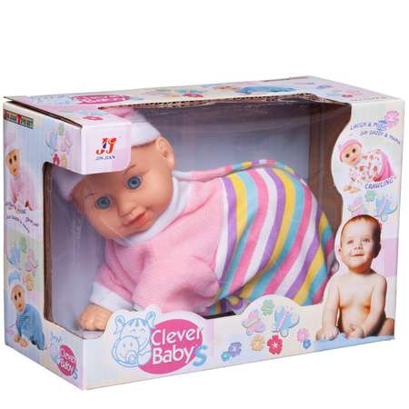 Кукла-пупс со звуком Junfa Ползающий в комбинезоне с розовым верхом и радужным низом со звуковыми эффектами 15см