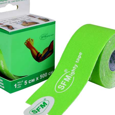 Кинезиотейп SFM Hospital Products Plaster на хлопковой основе 5х500 см зеленого цвета в диспенсере с логотипом