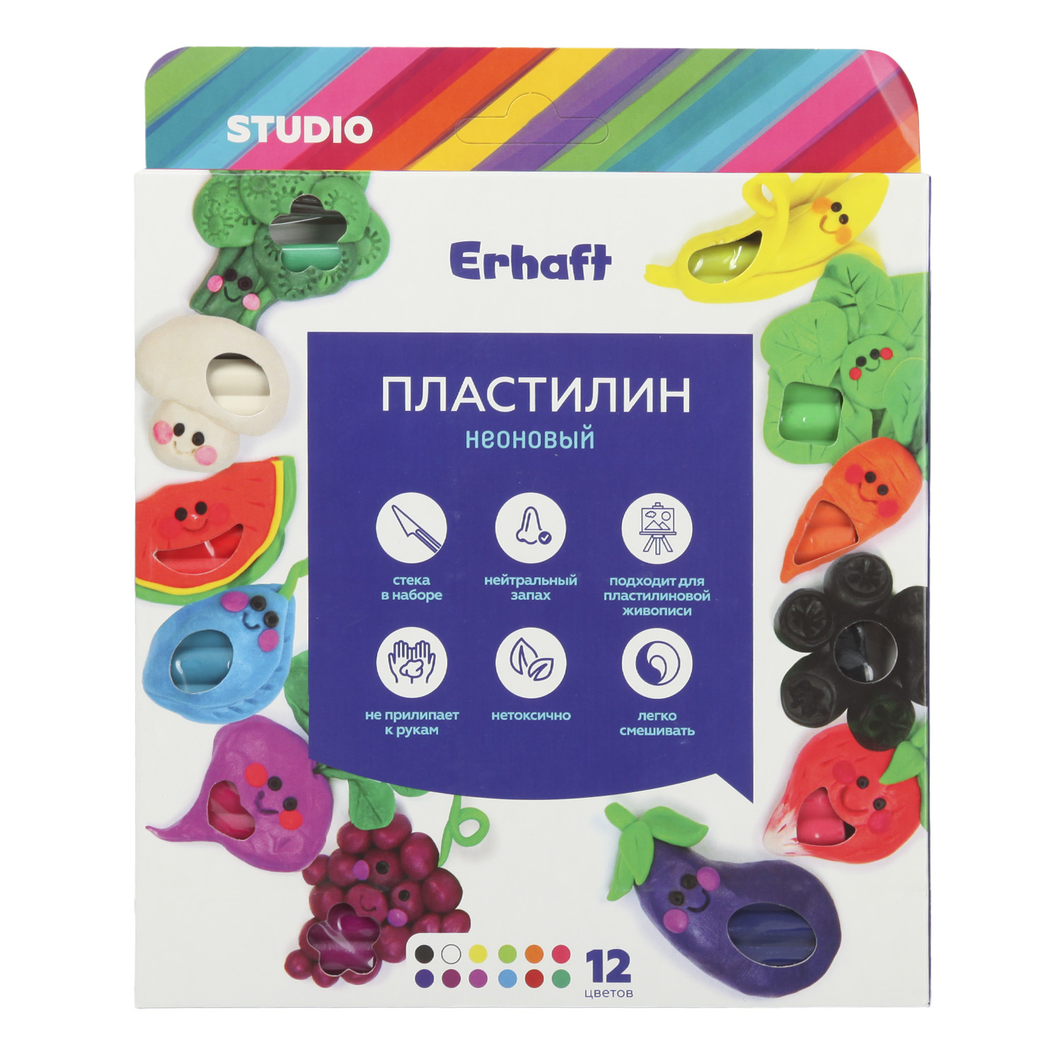 Пластилин Erhaft Studio флуоресцентный 12цветов ПН12ДМ - фото 1