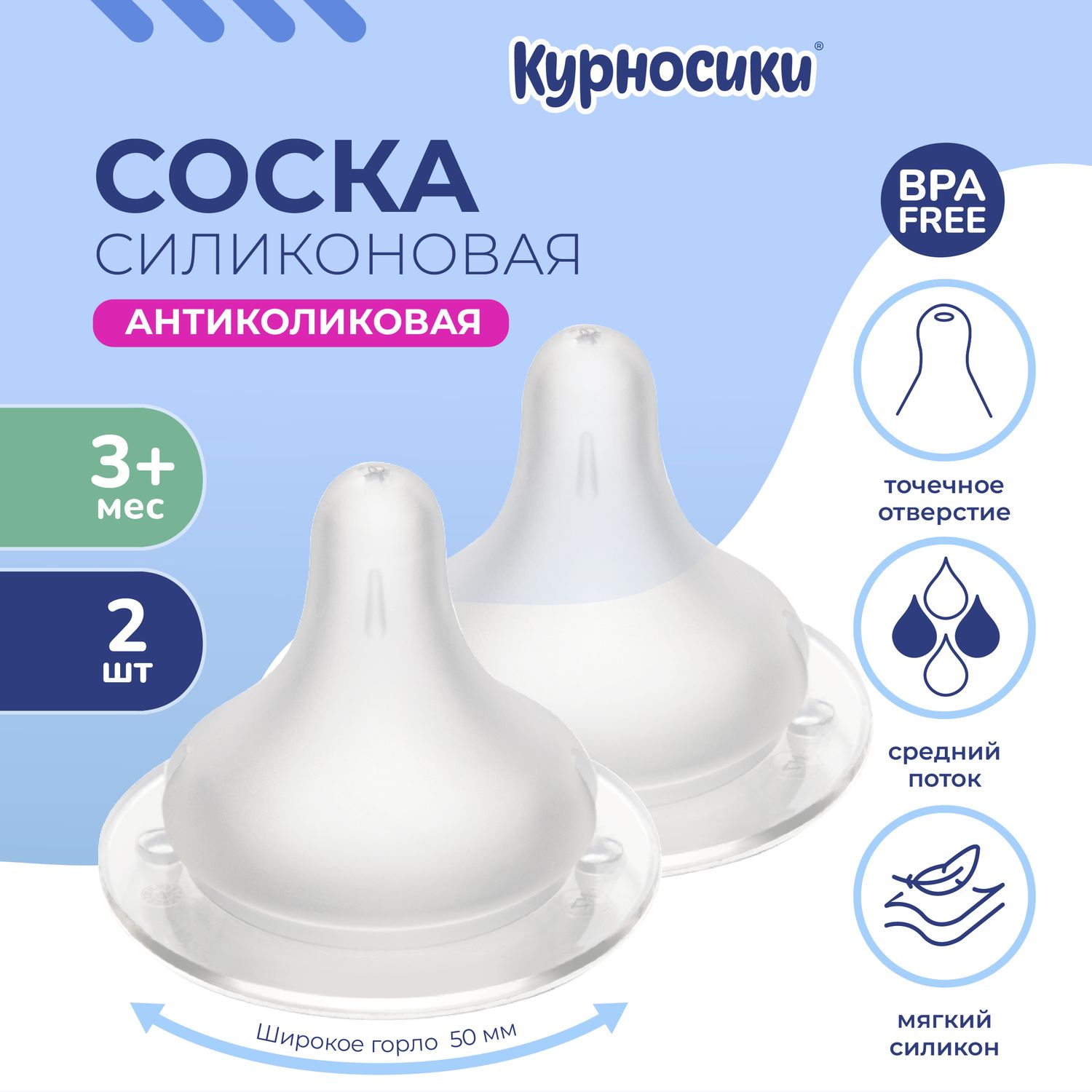 Соска Курносики силикон. шир. горло сред. поток. 3+(2шт) - фото 1