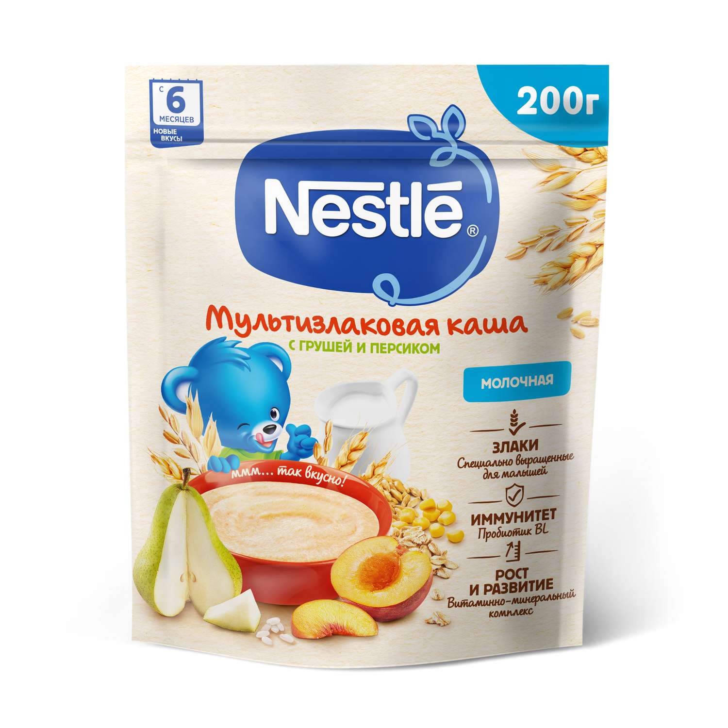 Каша молочная Nestle мультизлаковая груша-персик 200г с 6месяцев - фото 1
