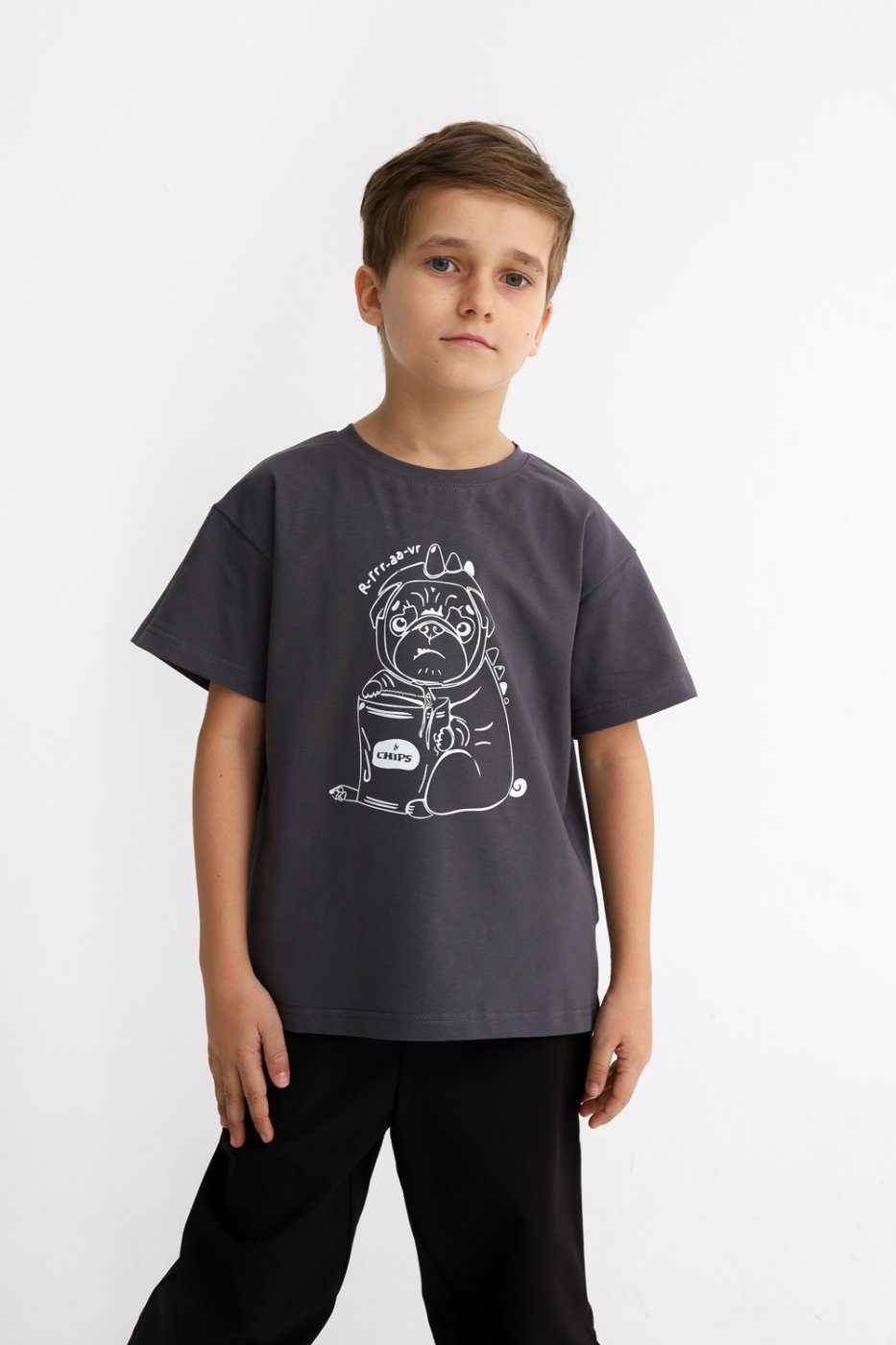 Футболка MINIDINO Т-Д-053 Футболка детская базовая принт Мопс графит - фото 2