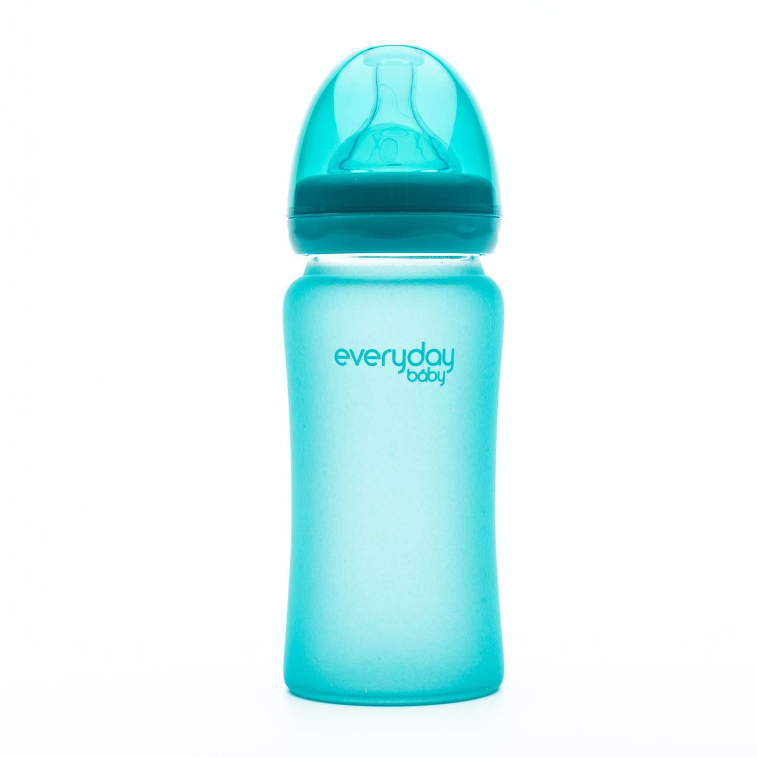 Бутылочка Everyday Baby Healthy стеклянная с индикатором температуры и силиконовым покрытием 240 мл бирюзовый - фото 1