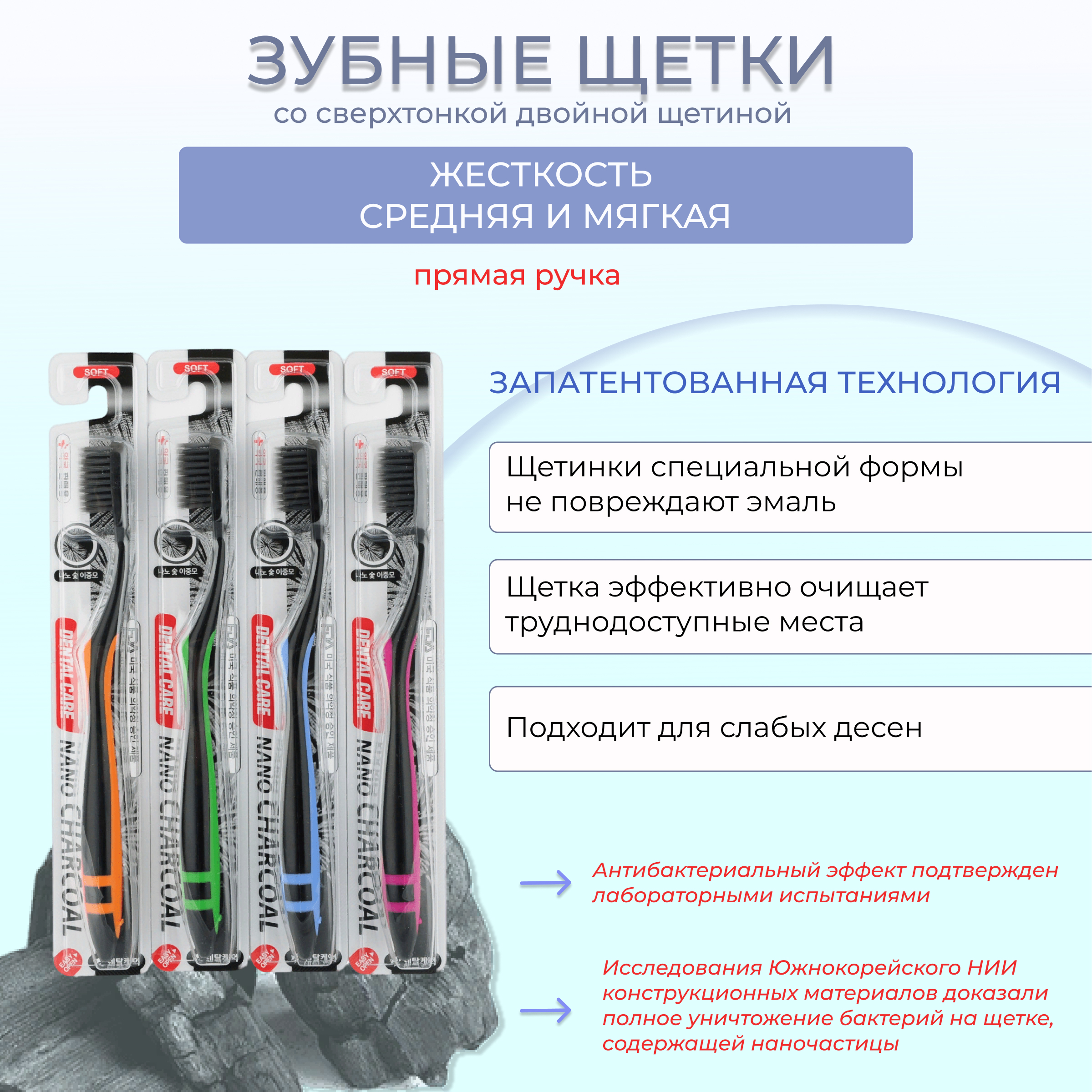 Набор зубных щеток DENTAL CARE c древесным углем и сверхтонкой двойной средней жесткости и мягкой щетиной 4шт - фото 3