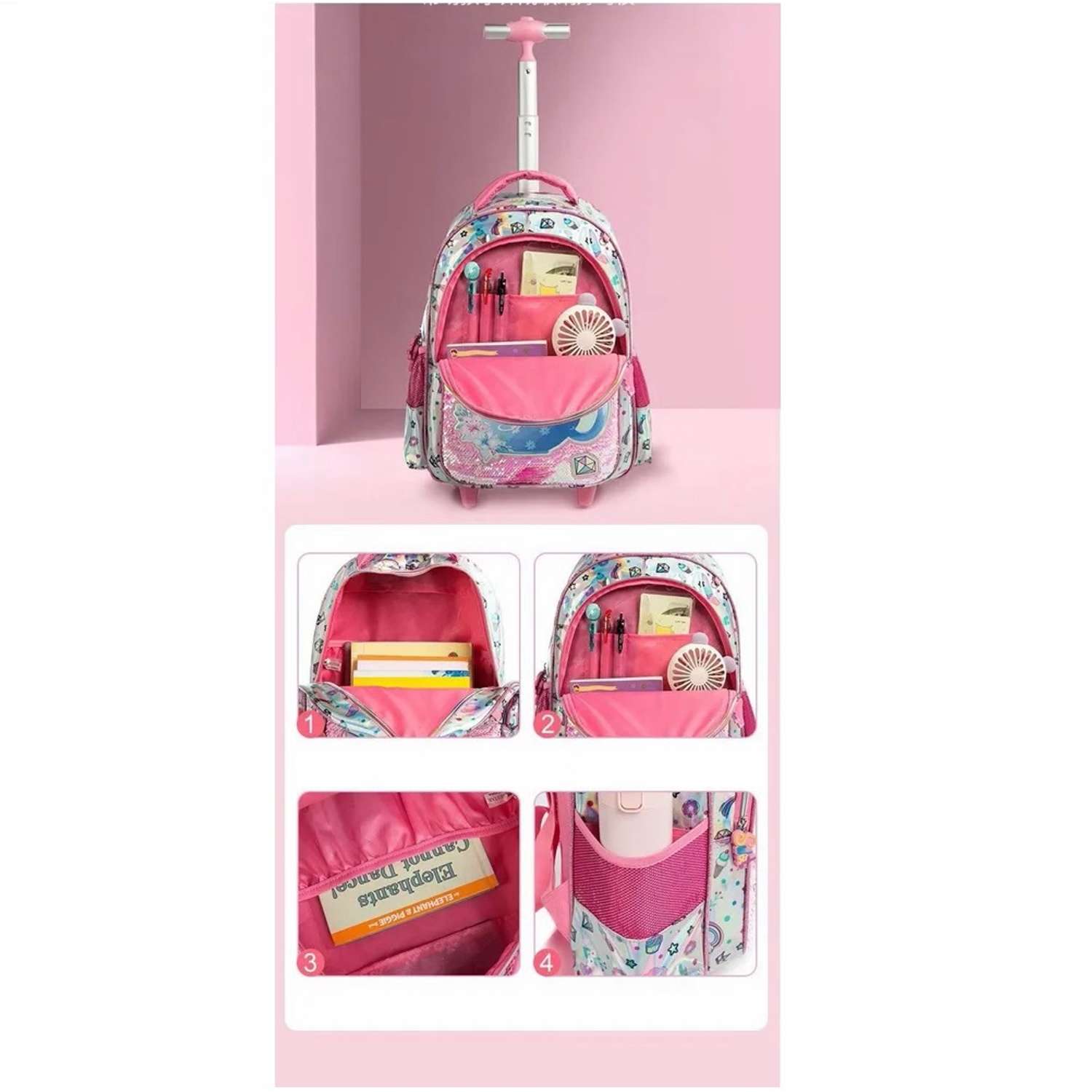 Рюкзак на колесах Jasminestar розовый Единорожка с наполнением сумка+пенал - фото 5