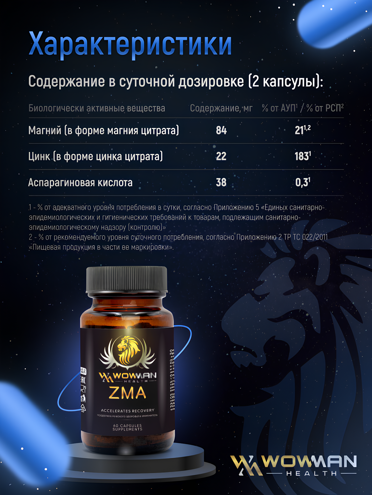 ZMA + B6 бустер тестостерона WowMan ЗМА для мышц и выносливости - фото 3