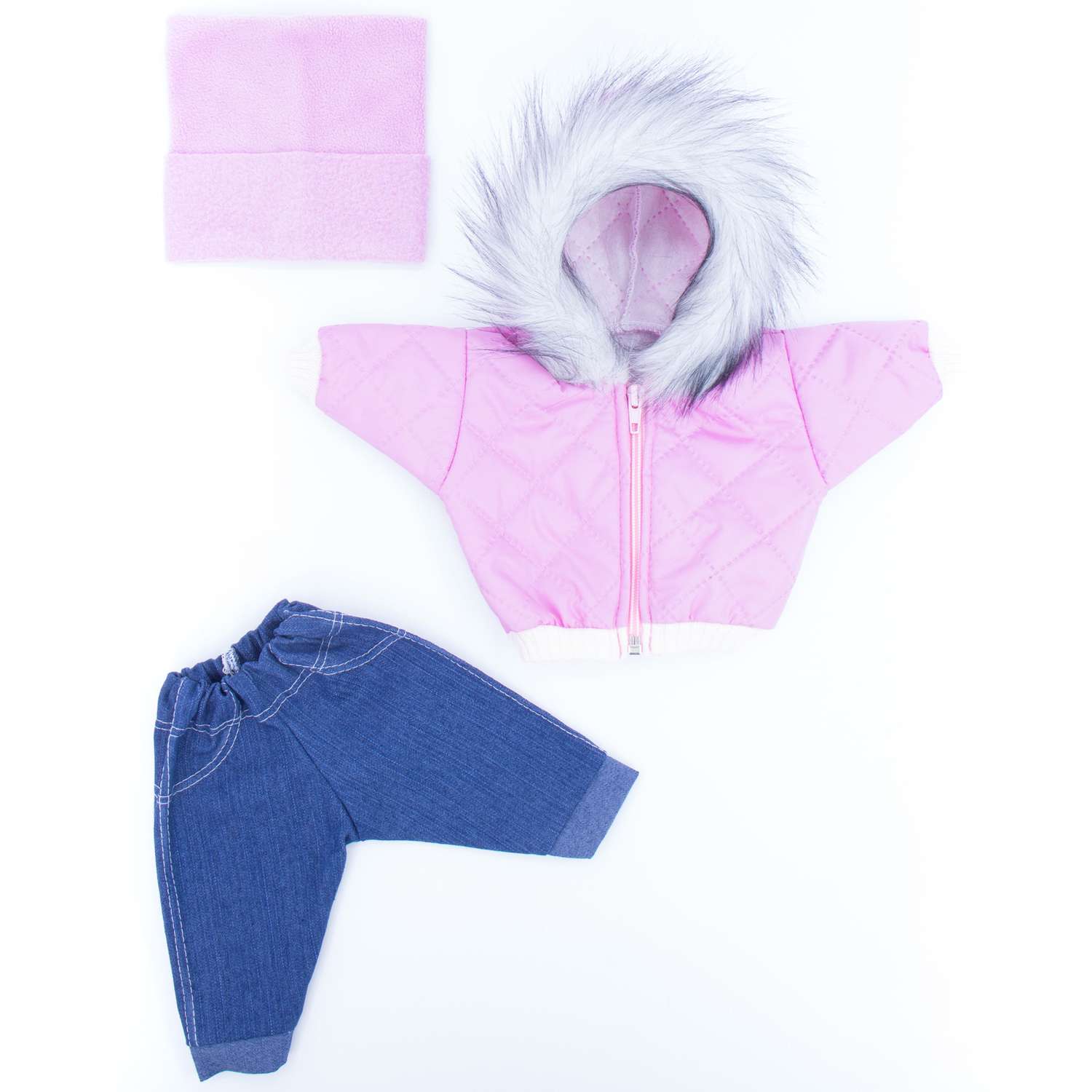 Комплект для пупса Модница 43-48 см: куртка с опушкой джинсы и шапочка 6120 цикламен-розовый 6120цикламен-розовый - фото 2