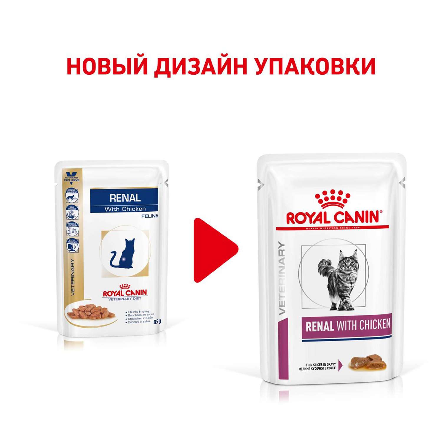 Корм для кошек ROYAL CANIN Veterinary Diet Renal Feline при лечении почек кусочки в соусе курица 85г - фото 3