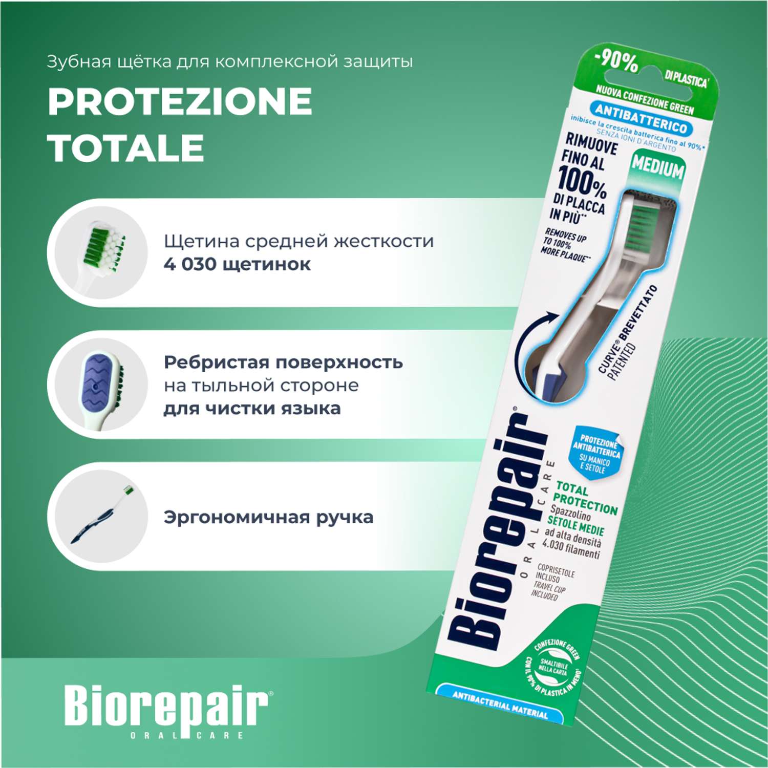 Зубная щетка Biorepair CURVE Protezione Totale изогнутая для комплексной защиты - фото 2
