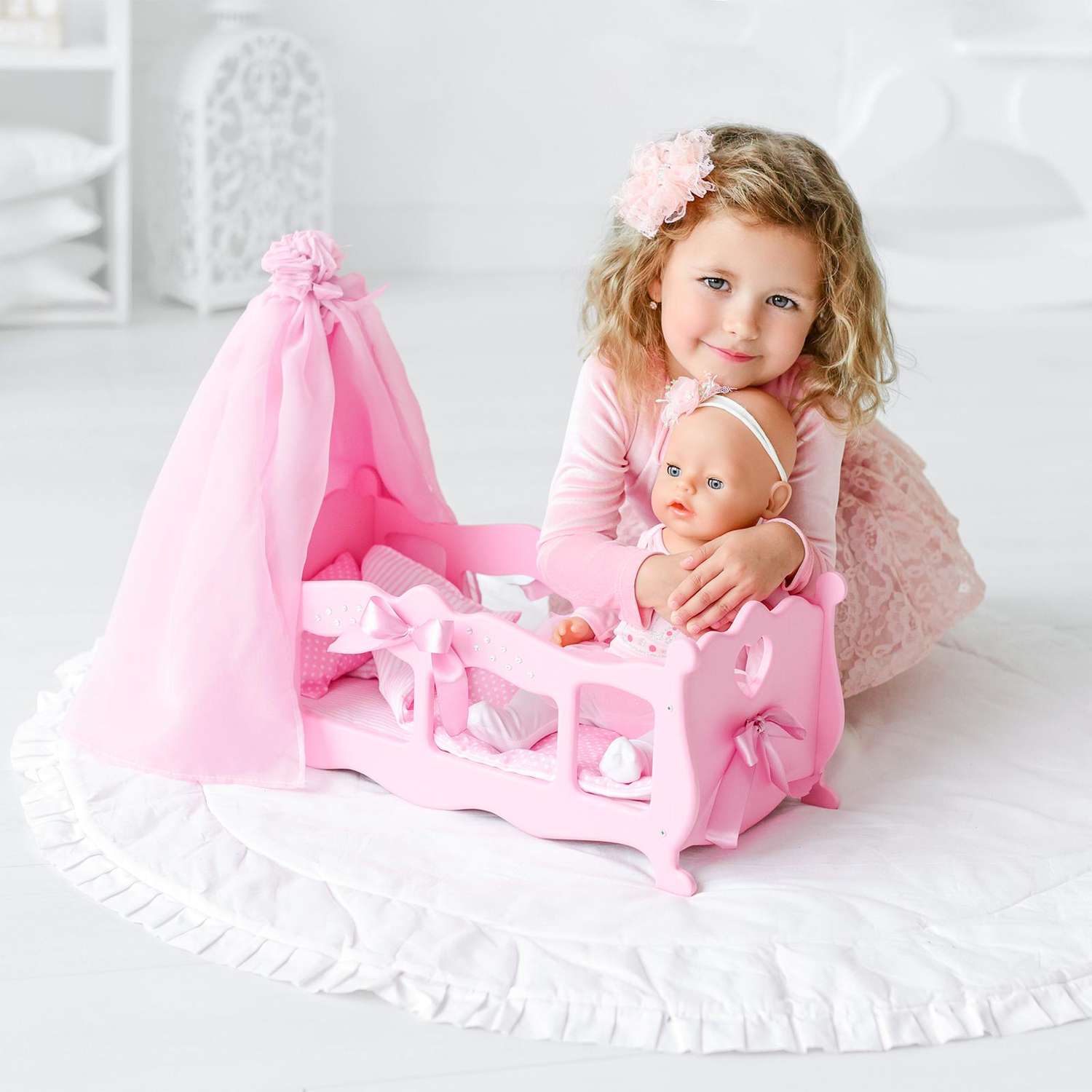 Кроватка Лесная мастерская для кукол с постельным бельем и балдахином коллекция «Diamond princess» розовый 5216844 - фото 2