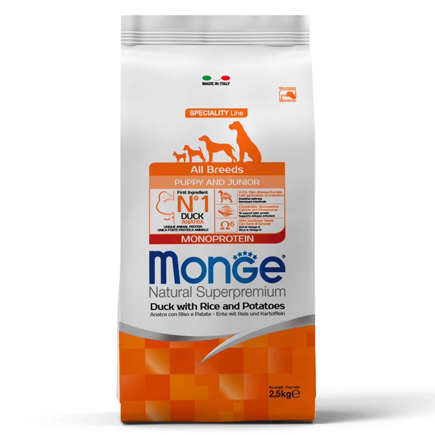 Корм для щенков MONGE 2.5кг Dog Speciality Line Monoprotein всех пород утка-рис-картофель - фото 1
