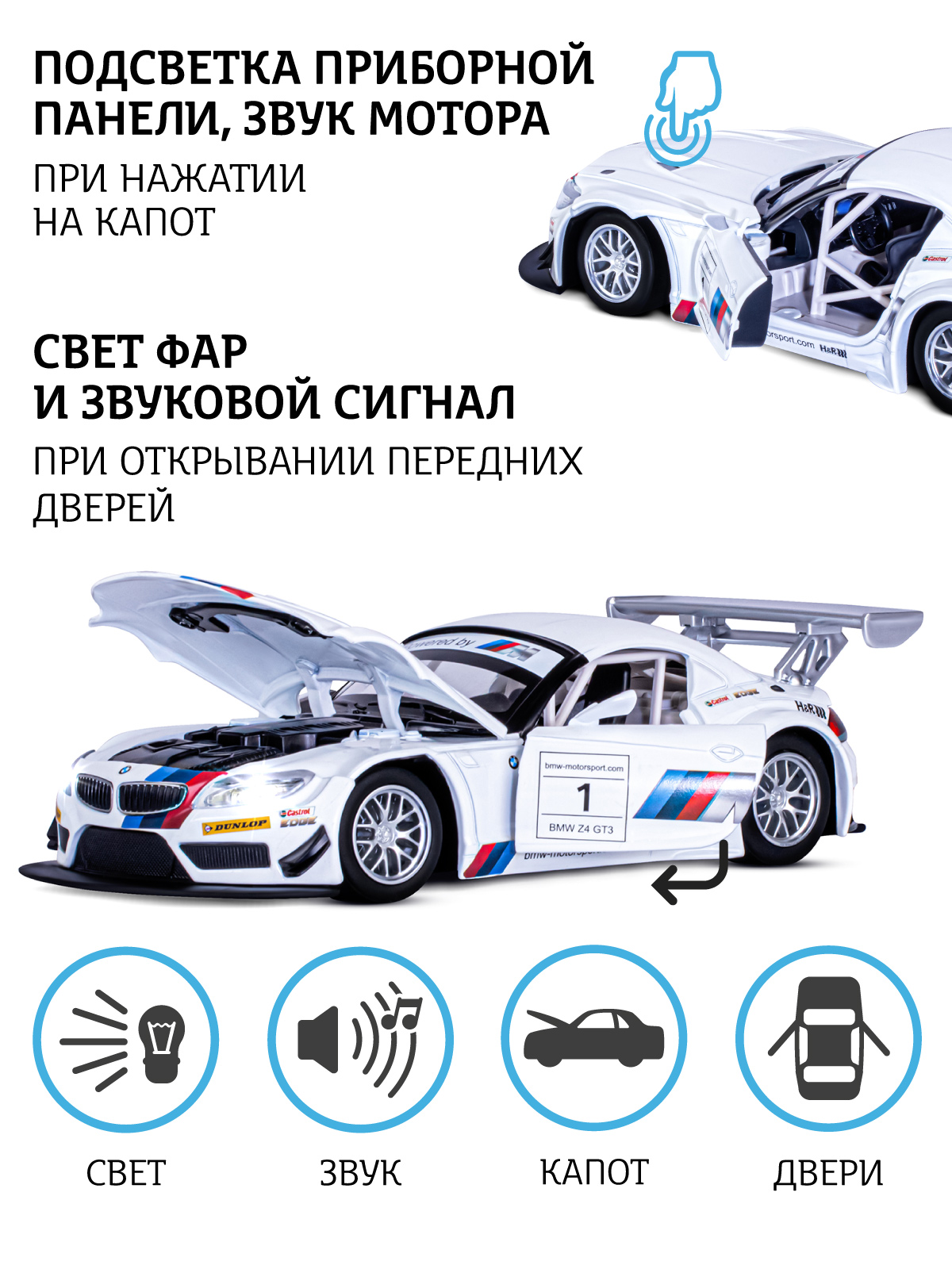 Автомобиль АВТОпанорама BMW Z4 GT3 1:24 белый JB1200123 - фото 2