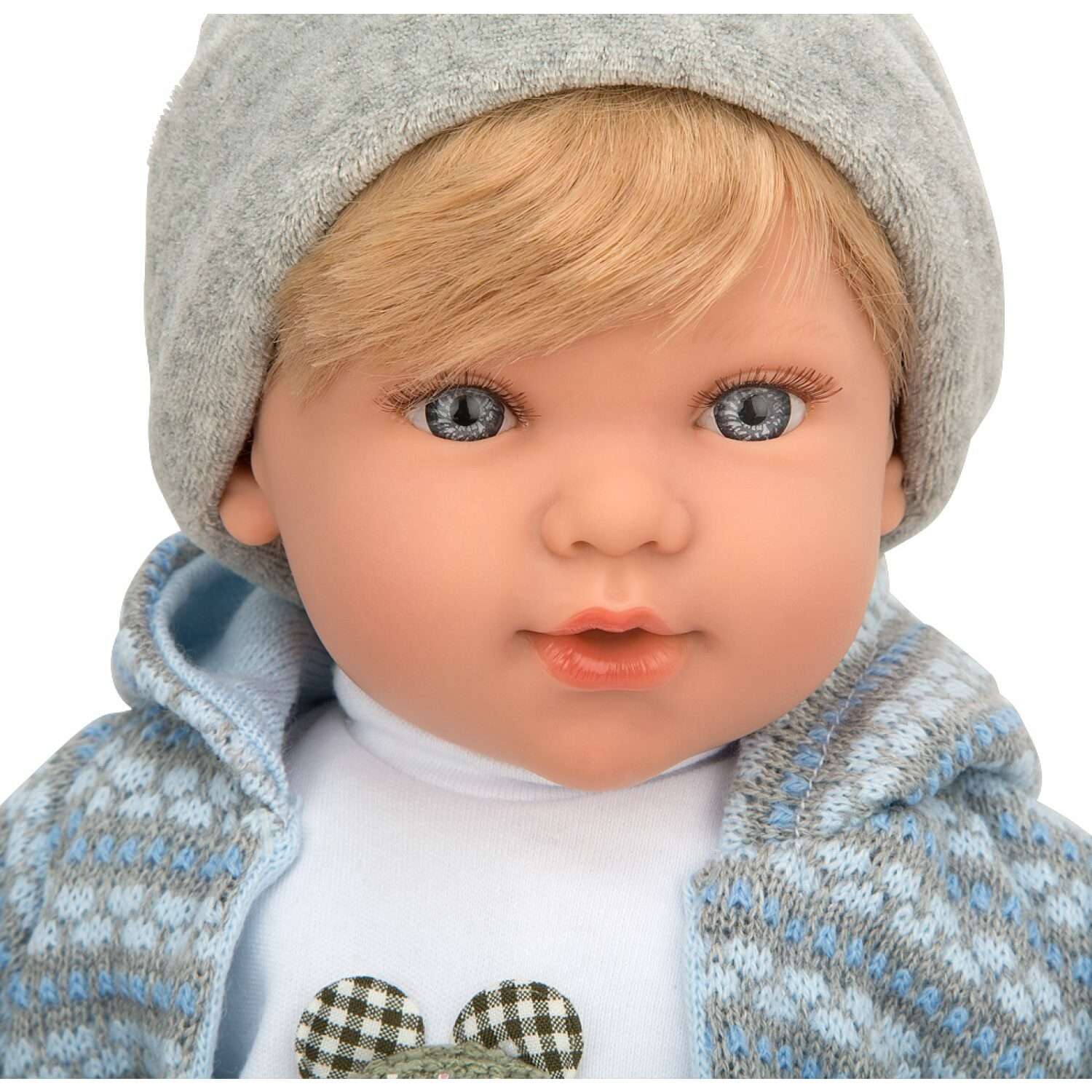 Кукла мальчик Arias ELEGANCE IRIO в серо голубой одежде 45 см со звуковыми эффектами Т22915 - фото 2