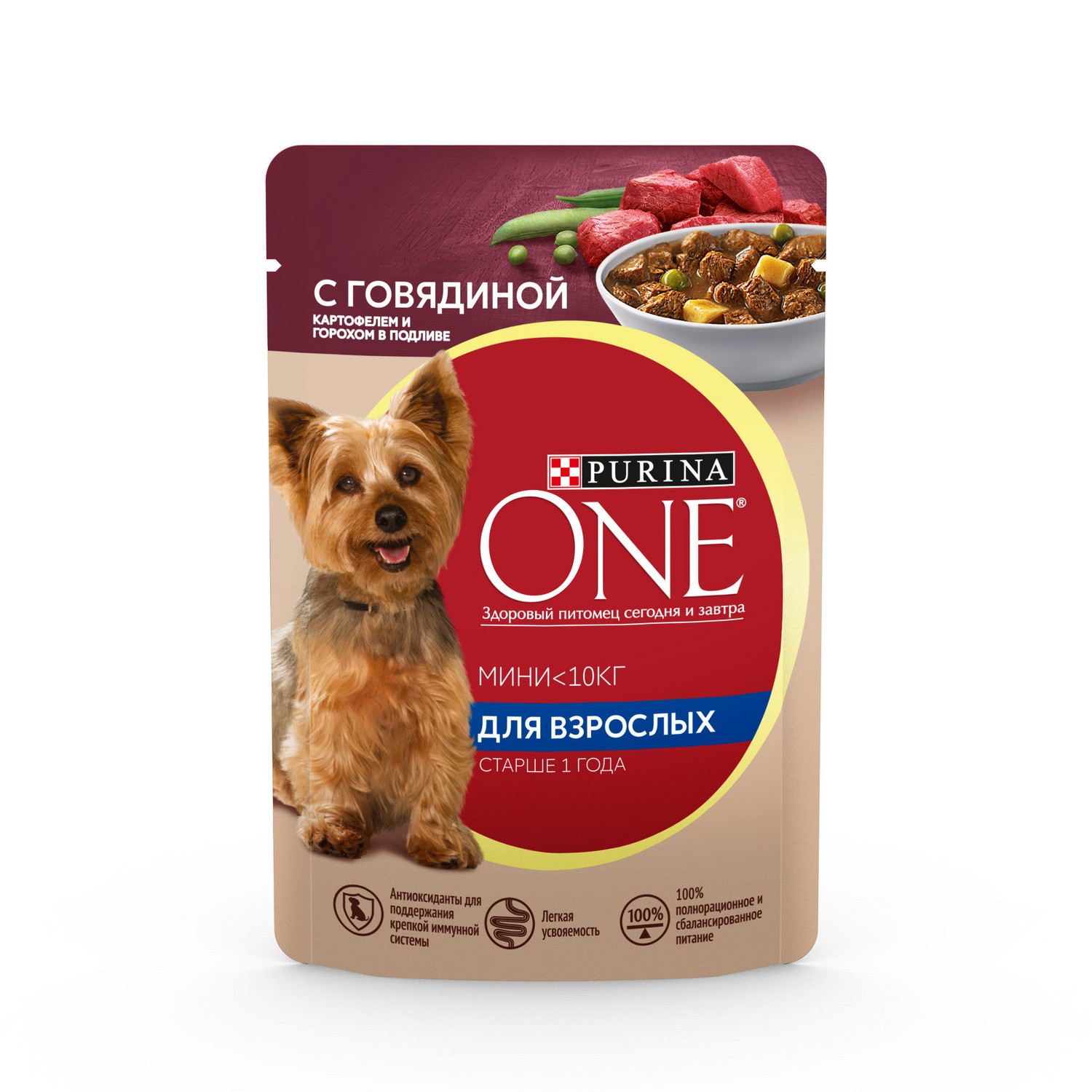 Влажный корм Purina ONE МИНИ для активных, для собак мелких пород, с говядиной, картофелем и морковью в подливе, пауч, 85 г