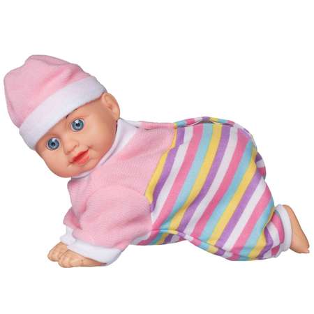 Кукла-пупс со звуком Junfa Ползающий в комбинезоне с розовым верхом и радужным низом со звуковыми эффектами 15см