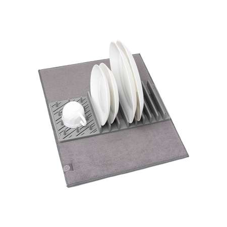 Коврик для сушки посуды DeNASTIA в наборе с пластиковой сушилкой серый T000212