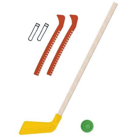 Набор для хоккея Задира Клюшка хоккейная детская жёлтая 80 см + шайба + Чехлы для коньков оранжевые