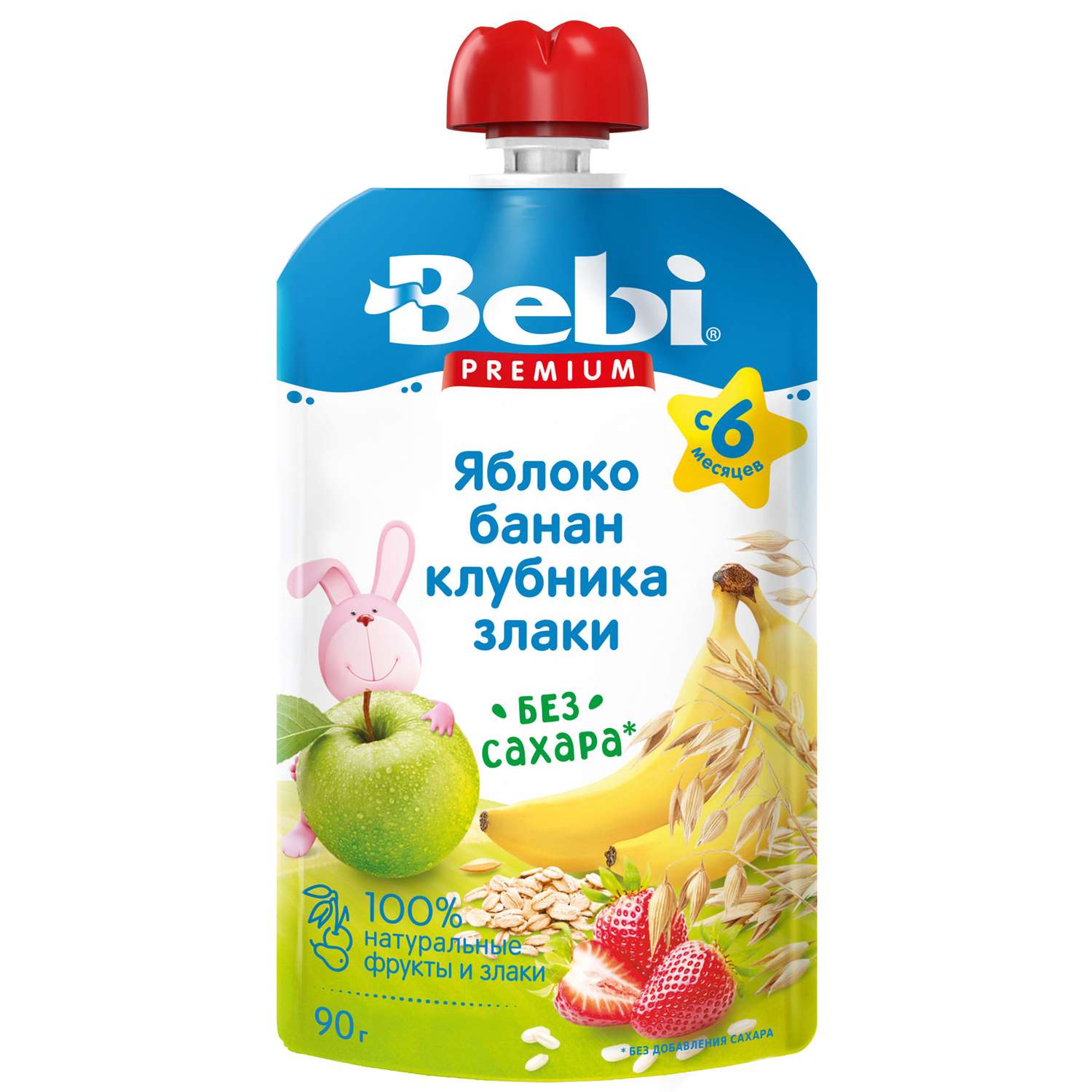 Пюре Bebi Premium яблоко-банан-клубника-злаки 90г с 6месяцев - фото 1