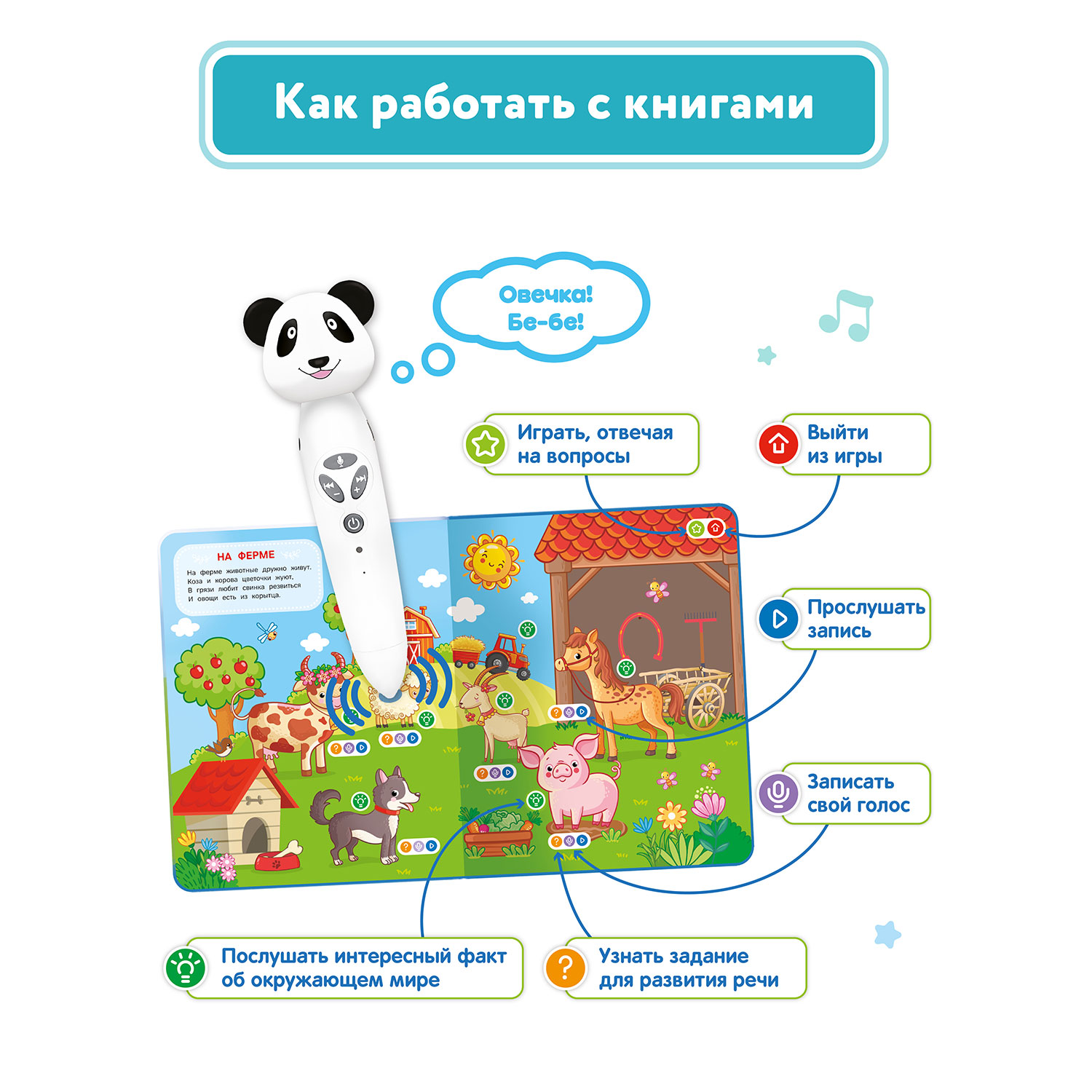 Интерактивная игрушка BertToys панда Тичи + 2 книги Моя Азбука и Животные - фото 4