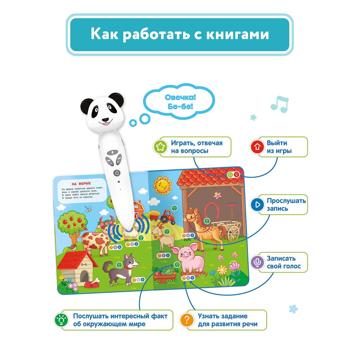 Интерактивная игрушка BertToys панда Тичи + 2 книги Моя Азбука и Животные - фото 4