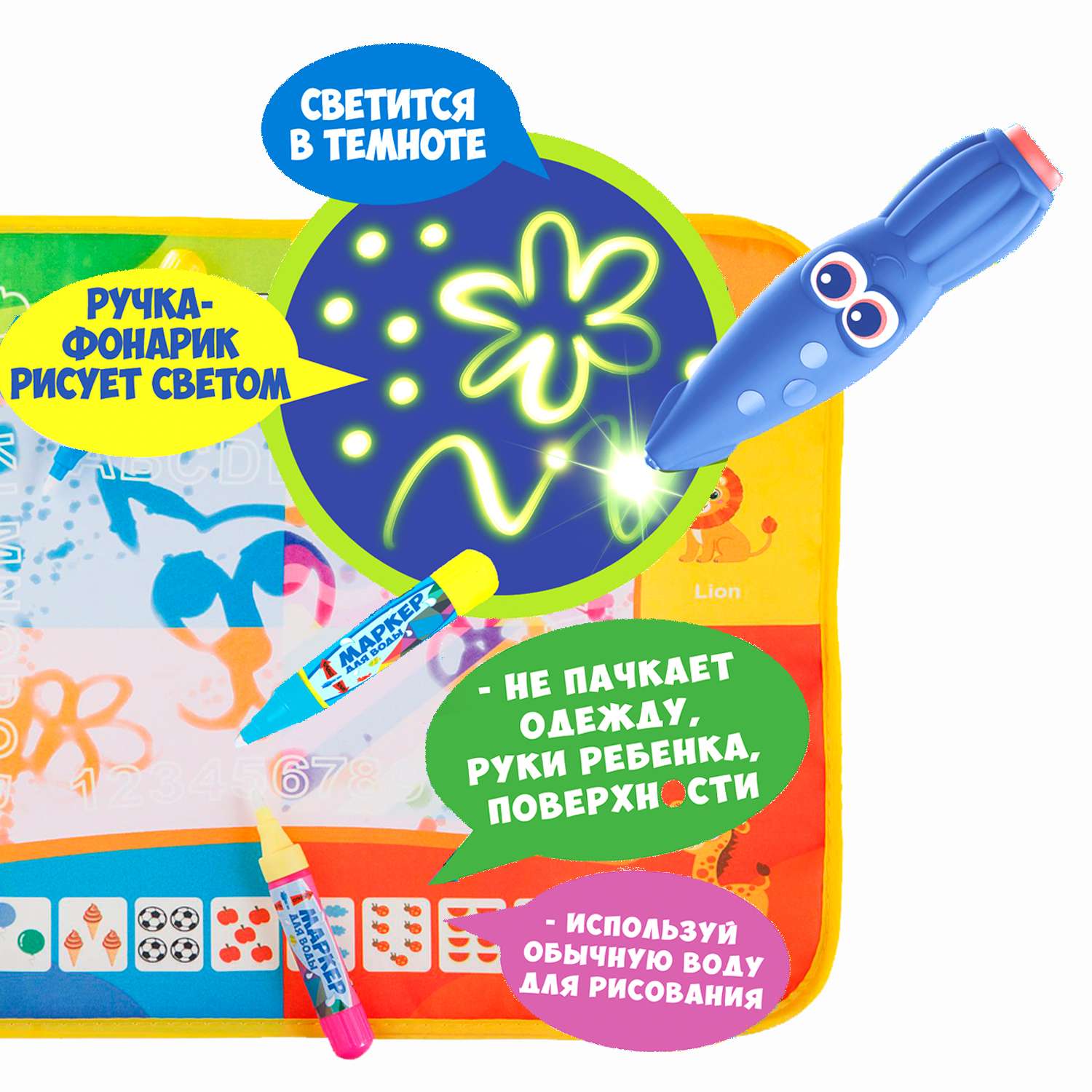 Водная раскраска BONDIBON коврик для рисования Веселый счет со световым эффектом и фонариком серия Baby You - фото 4