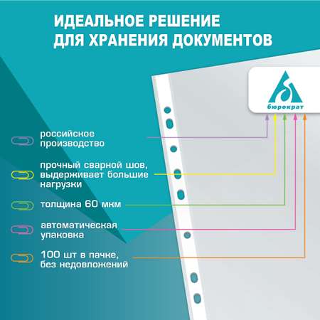 Файлы-вкладыши Бюрократ глянцевые А4+ 60 мкм упаковка 100 шт