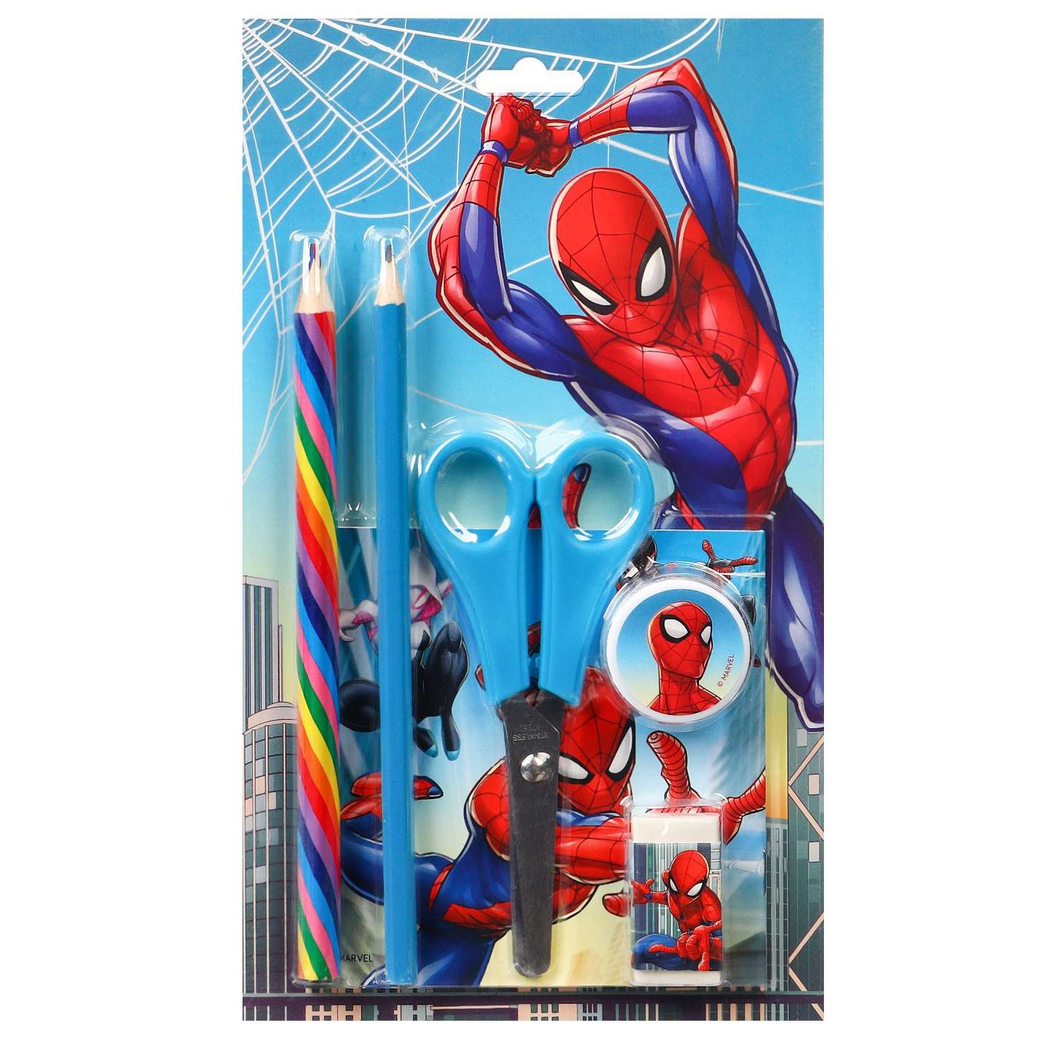 Набор Marvel канцелярский блокнот точилка ластик карандаш ножницы Человек-паук - фото 2