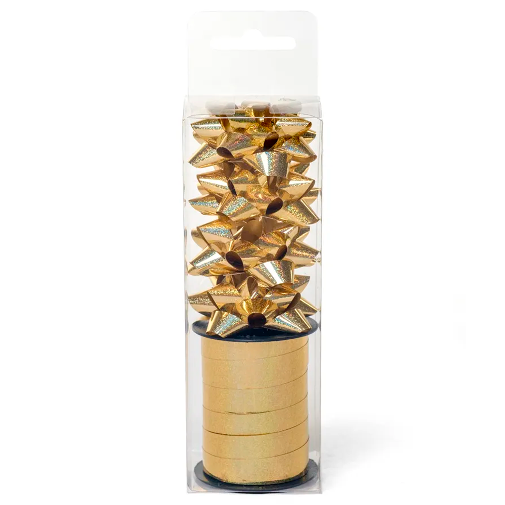 Деокративный набор упаковочный Riota лента 10 м золотой бант на подарок 6 см 4 шт - фото 1