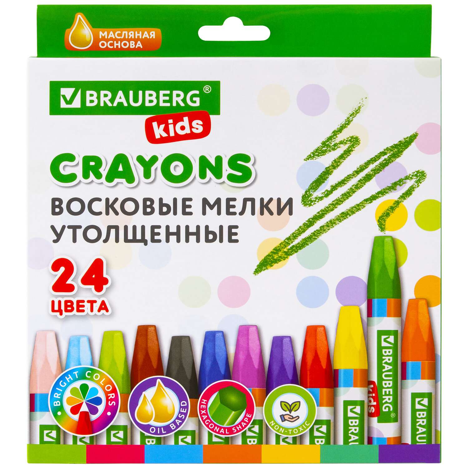 Восковые мелки Brauberg для рисования утолщенные набор 24 цвета на масляной основе - фото 1